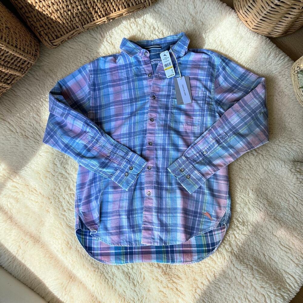 Tommy Bahama Men’s Coastline Cord Shirt M Long Sleeve Plaid Corduroy Pastel Blue